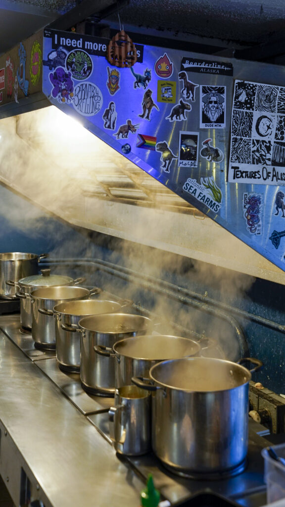 Boiling pots of dumplings from one of the top restaurants in Juneau Alaska.