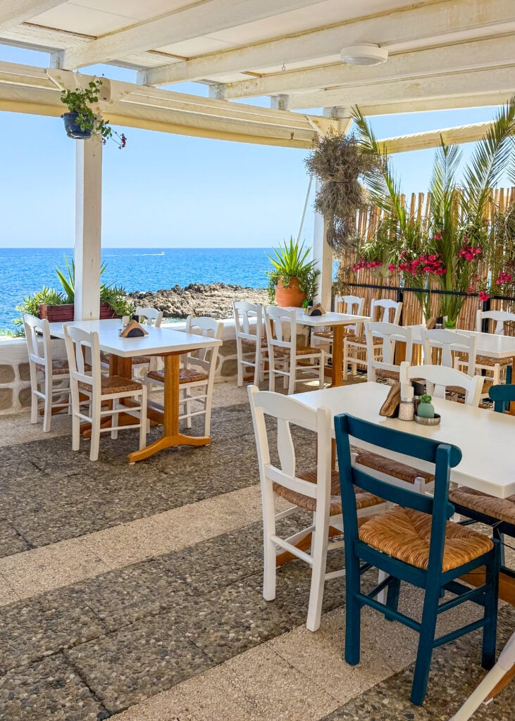Tables in the Venetian Harbor in Rethymno Crete.