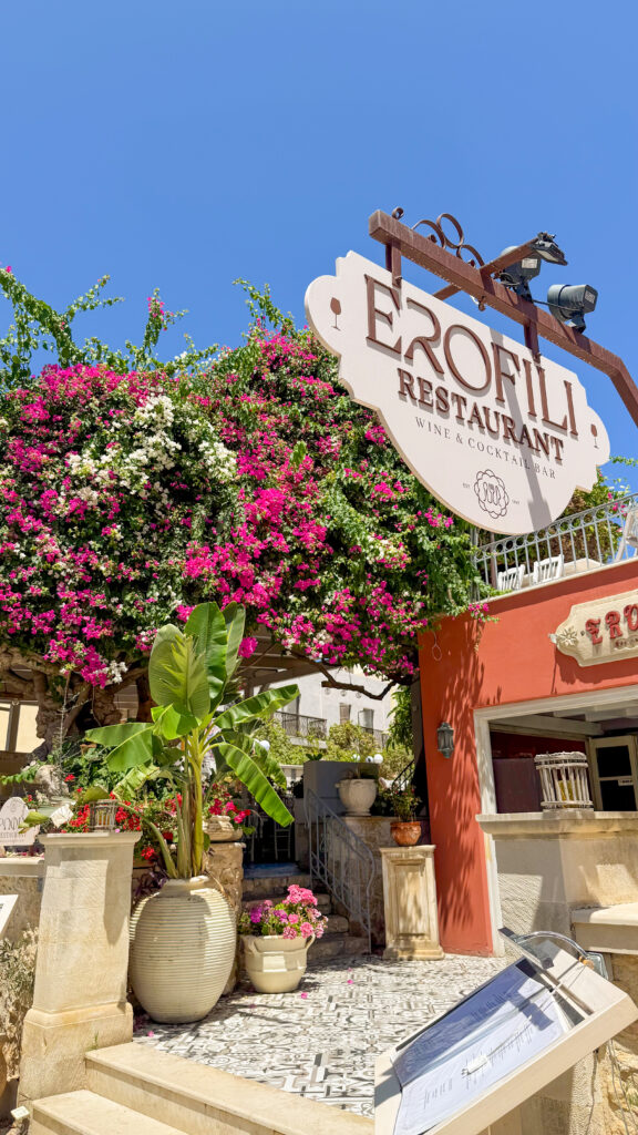 Flower filled patio in Old Town Rethymno Crete.