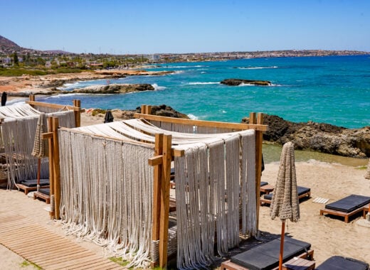 Beach cabanas at Abaton resort in Crete.