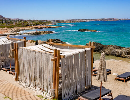 Beach cabanas at Abaton resort in Crete.