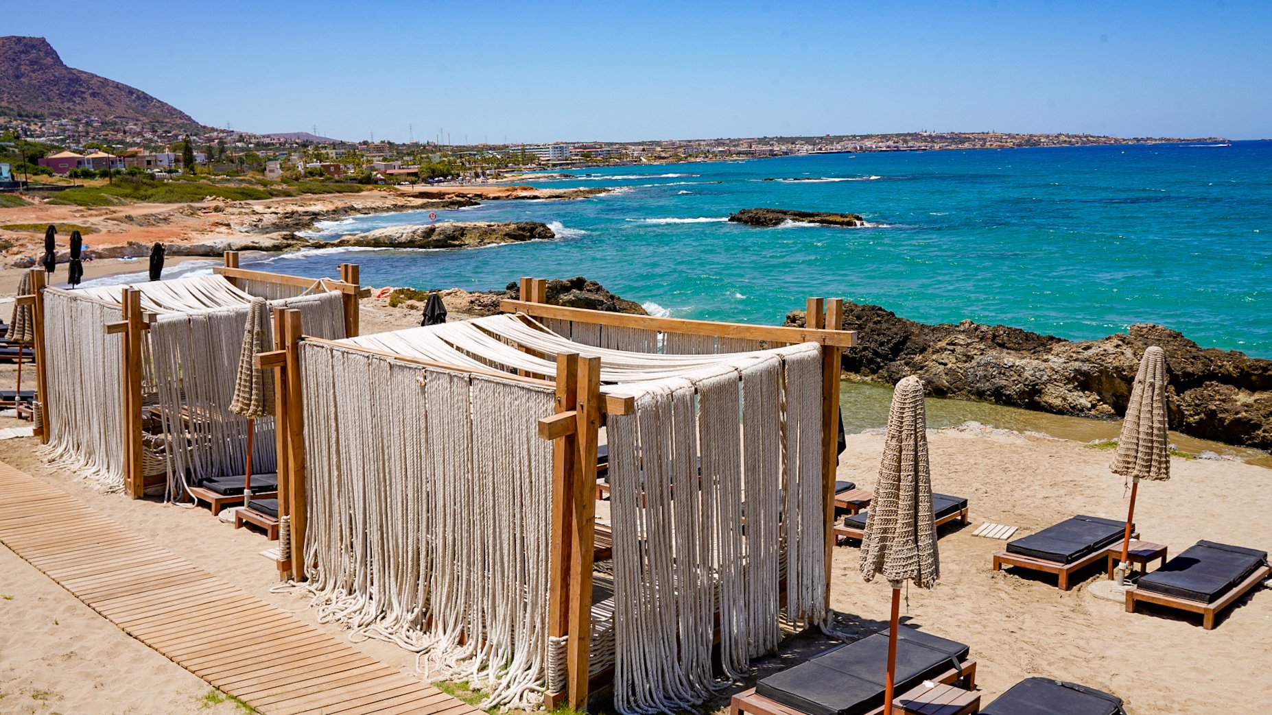 Beach cabanas at Abaton resort in Crete.