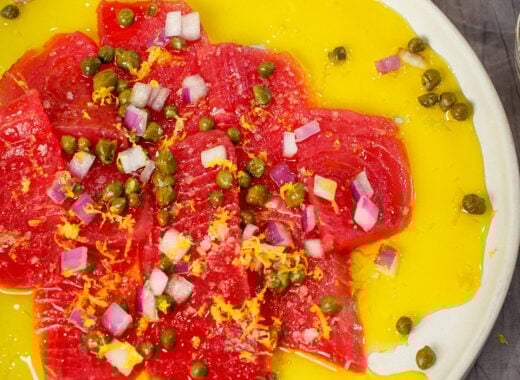 Sicilian sashimi tuna carpaccio recipe on a plate.