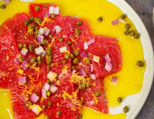 Sicilian sashimi tuna carpaccio recipe on a plate.