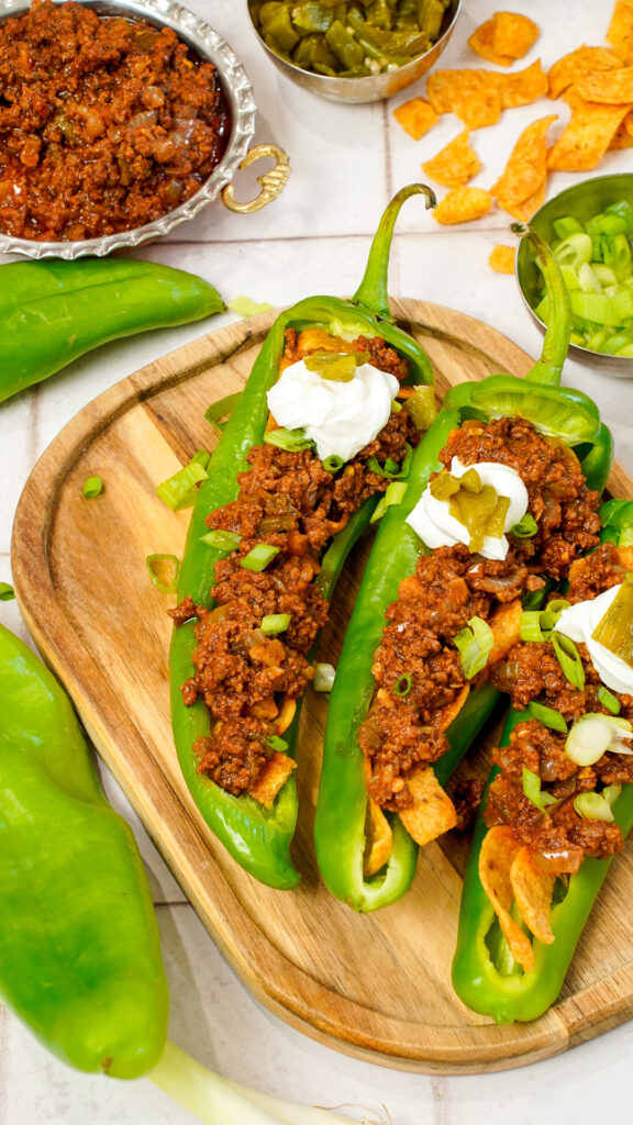 Hatch Chile Frito Pie Recipe stuffed in a hatch chile.