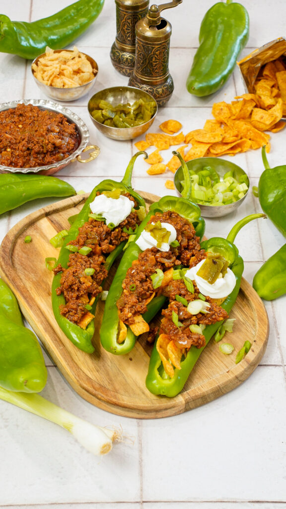 Hatch Chile Frito Pie Recipe stuffed in a hatch chile.