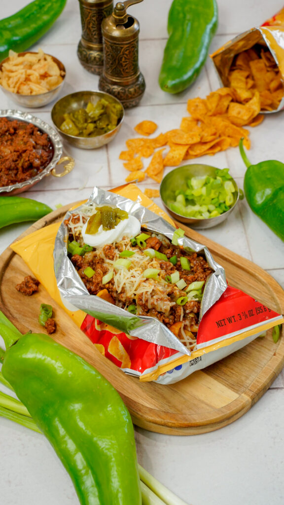 Hatch Chile Frito Pie Recipe in a Corn Chip Bag