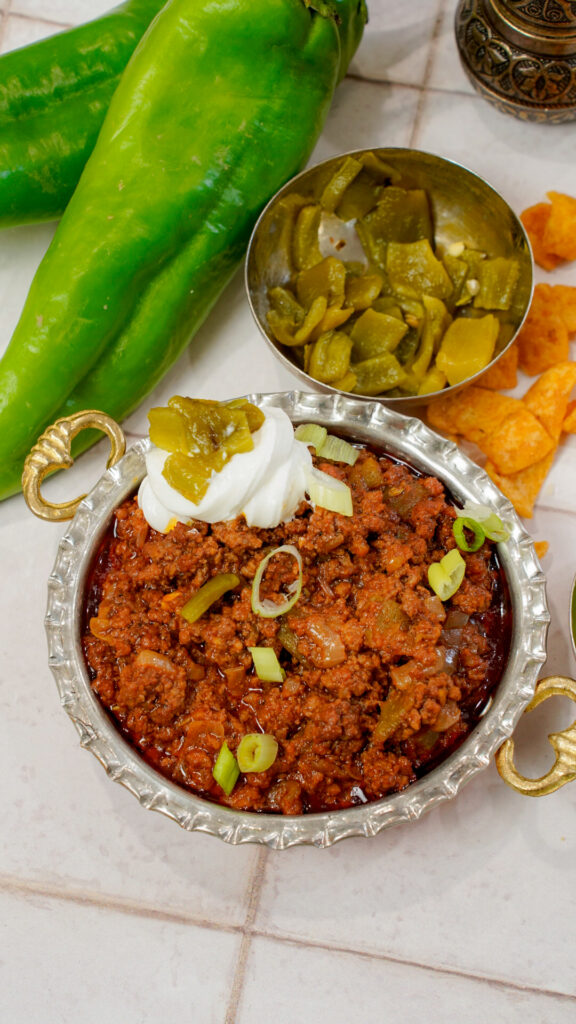 Chile in a bowl for a Hatch Chile Frito Pie Recipe.