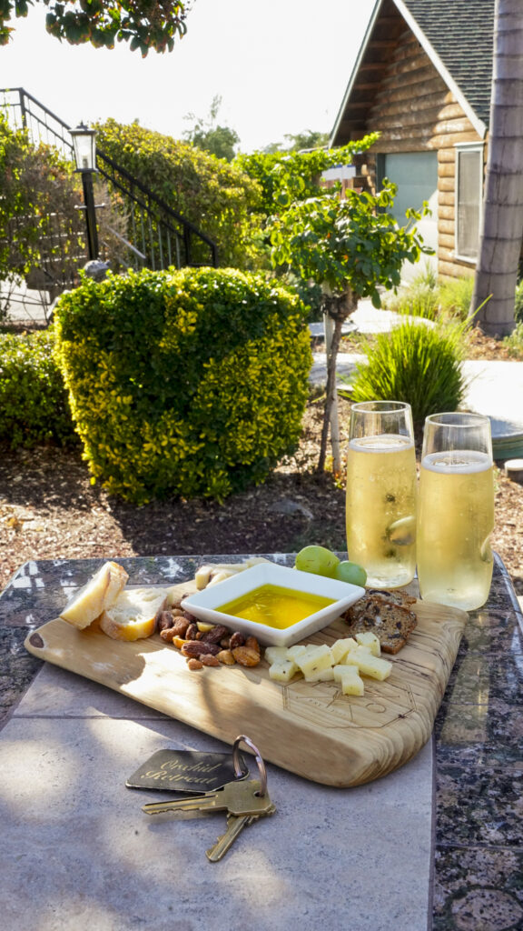 Wine and cheeseboard at a resort.