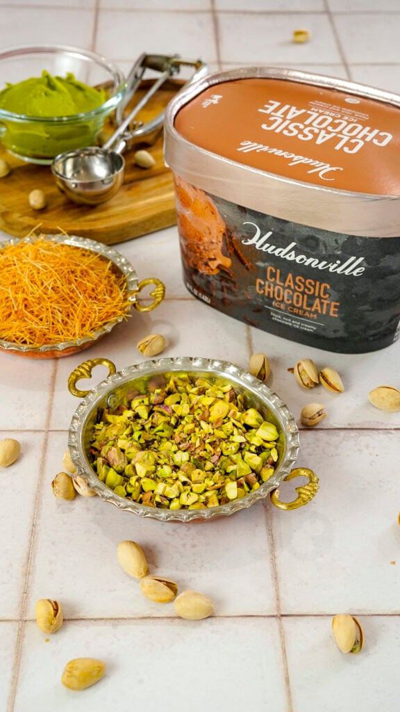 Ingredients for Dubai Chocolate Sundae Recipe.