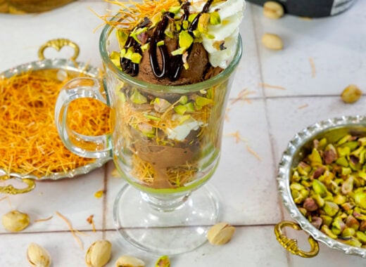 Dubai Chocolate Sundae Recipe on a counter with ingredients.