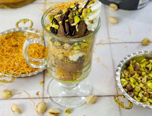 Dubai Chocolate Sundae Recipe on a counter with ingredients.