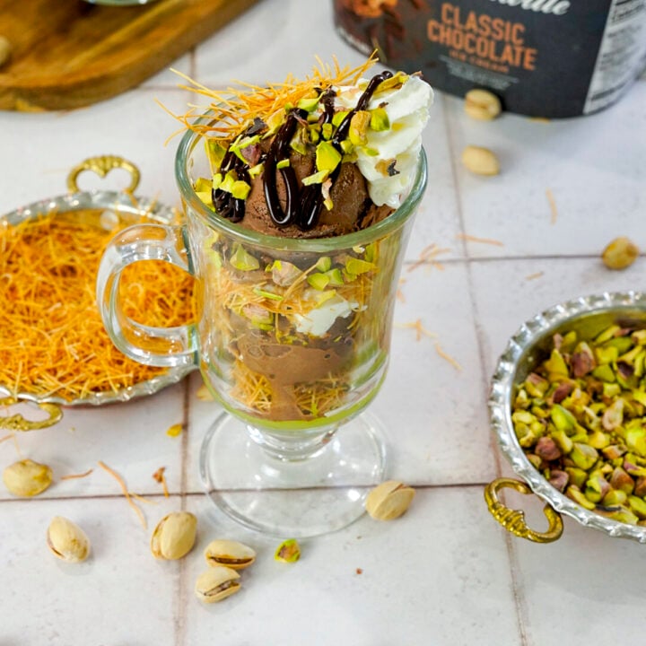 Dubai Chocolate Sundae Recipe on a counter with ingredients.