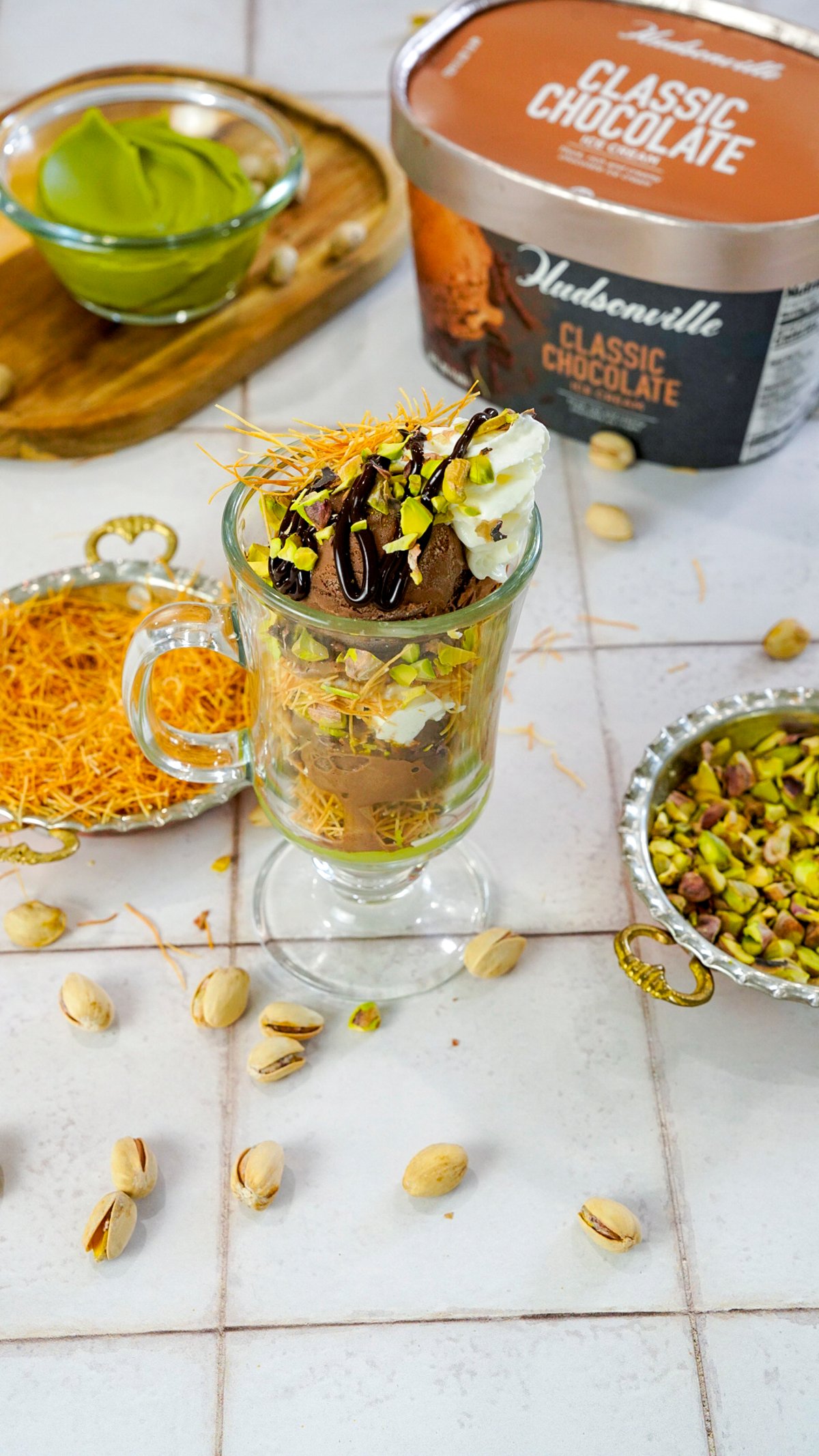 Dubai Chocolate Sundae Recipe on a counter with ingredients.