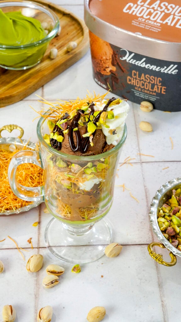Dubai Chocolate Sundae Recipe on a counter with ingredients.
