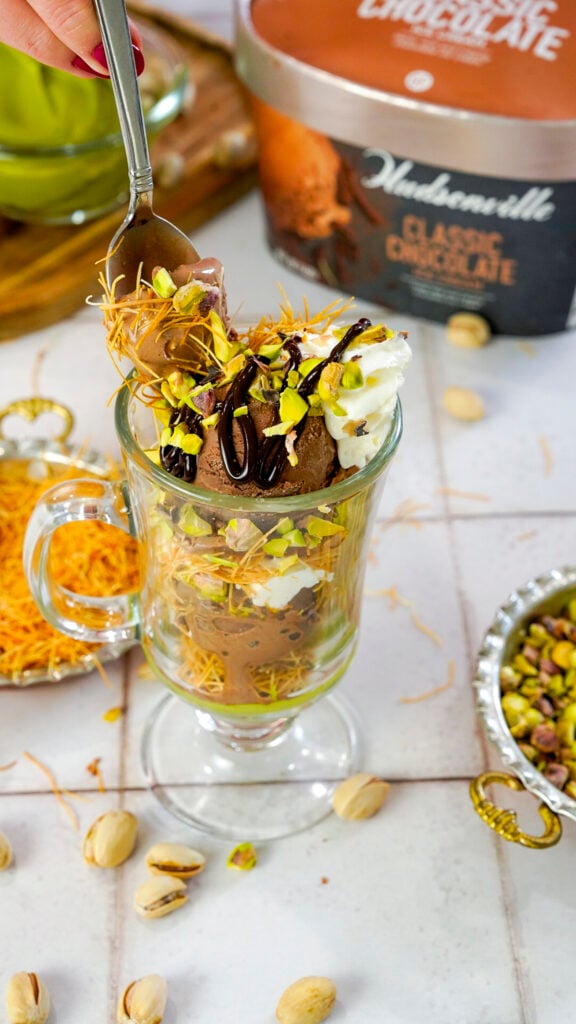 Dubai Chocolate Sundae Recipe on a counter with ingredients.