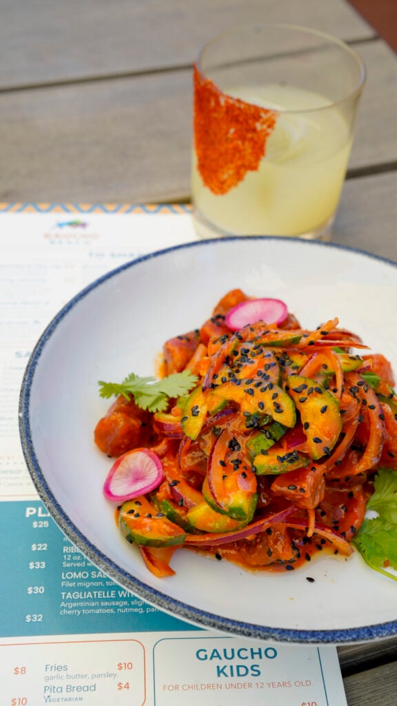 Appetizer and cocktails at Gaucho Beach rooftop in Long Beach, California.
