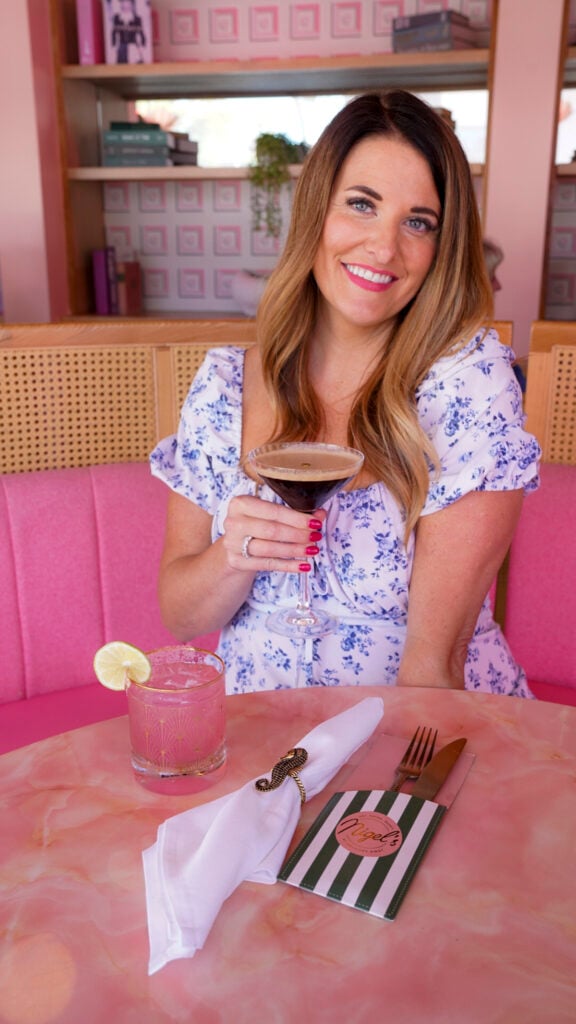 Woman with an espresso martini in Long Beach, California.
