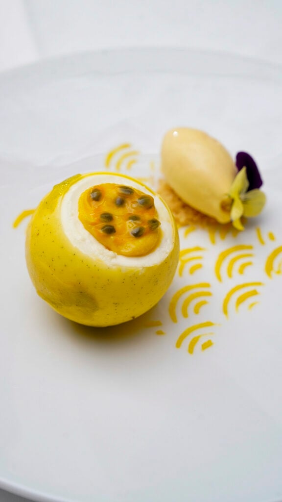 Passionfruit dessert from a romantic oceanfront dining spot in St. Martin.