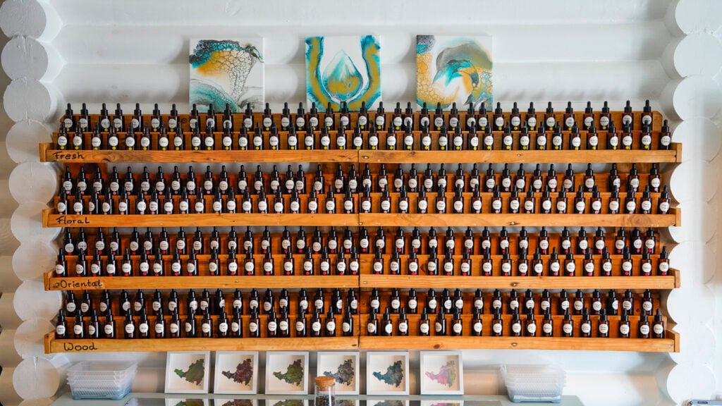 Wall of oils at A scent of art perfume workshop in St. Martin.