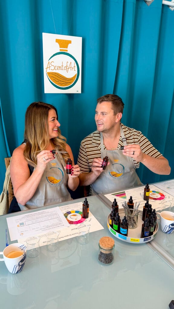 Couple at A scent of art perfume workshop in St. Martin.