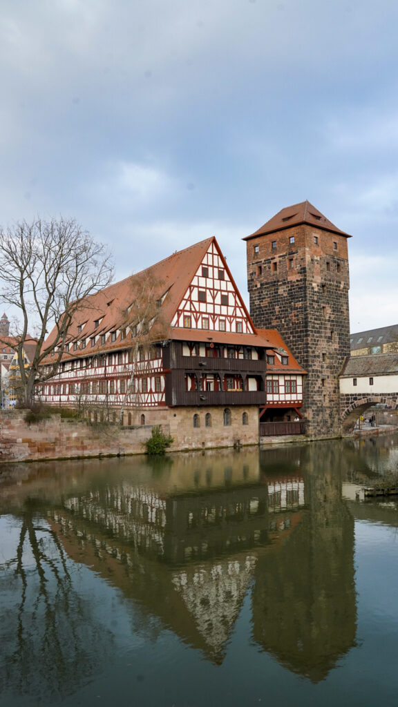 Building reflecting on the water in Nuremberg, Germany.