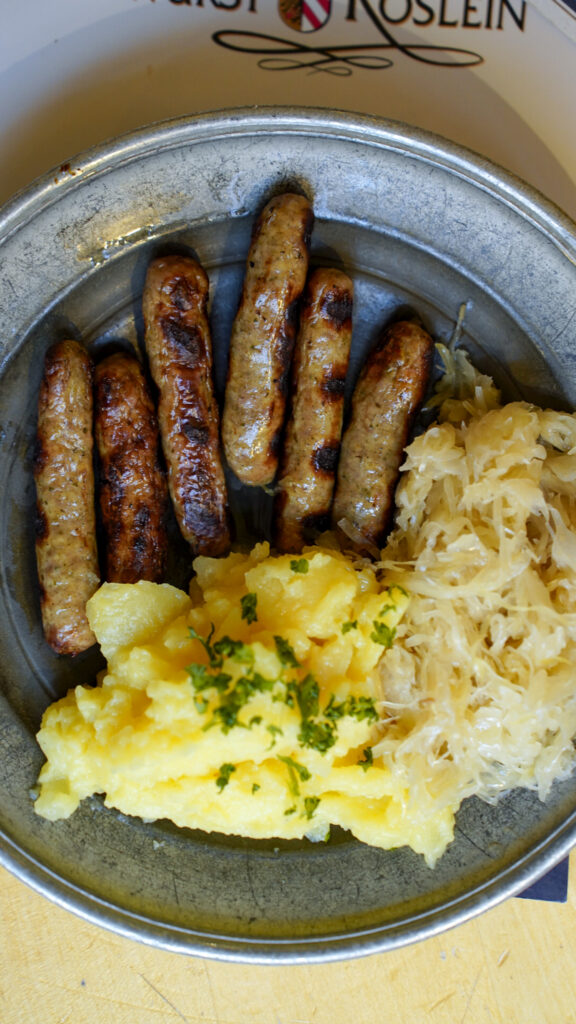 Plate of Nuremberg sausages in Nuremberg, Germany.