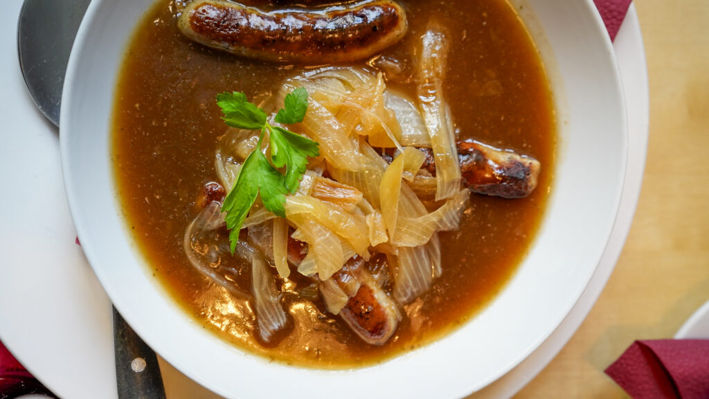 Brats in beer in Nuremberg, Germany.