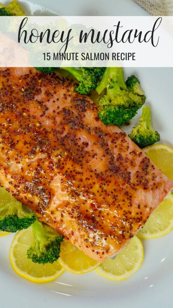 Honey mustard salmon recipe on a bed of lemon slices.