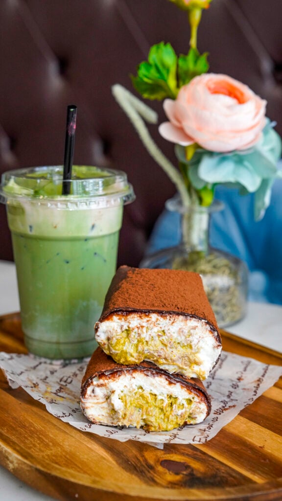 Matcha latte and a dubai dessert in Buena Park, CA.