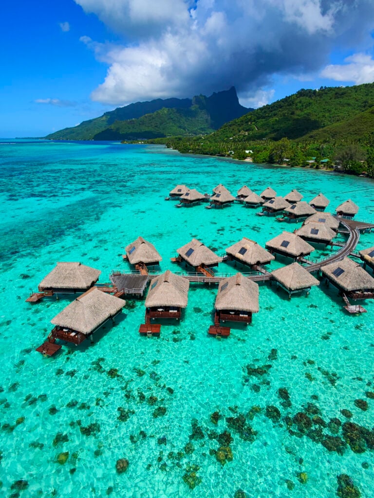 Overwater bungalows in Moorea, a stop on the Windstar Tahiti French Polynesia cruise.