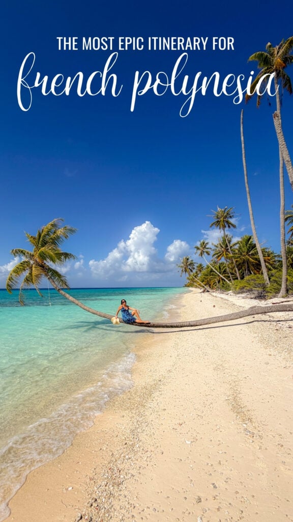 Women sitting on a palm tree in French Polynesia.