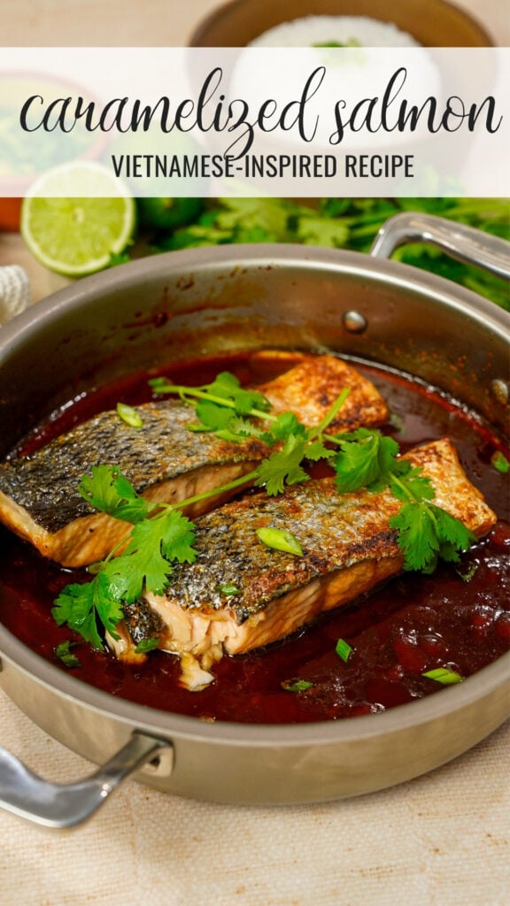 Vietnamese-Inspired Caramelized Salmon Recipe in a skillet.