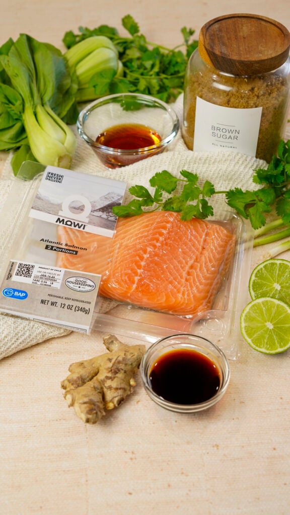 Ingredients for Vietnamese caramelized salmon recipe.