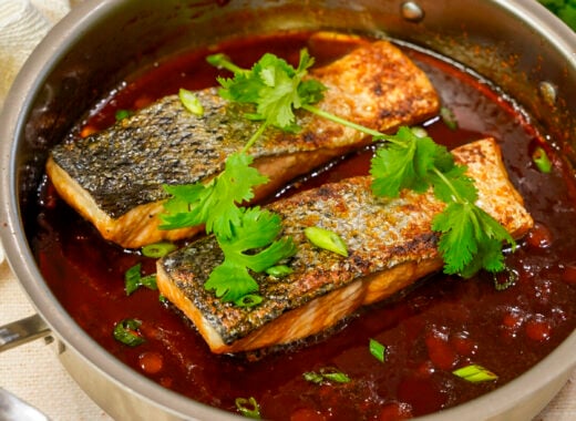 Vietnamese caramelized salmon recipe in a pan.