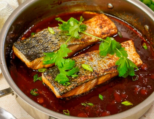 Vietnamese caramelized salmon recipe in a pan.