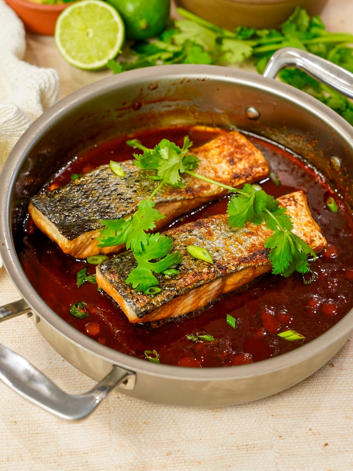 Vietnamese caramelized salmon recipe in a pan.