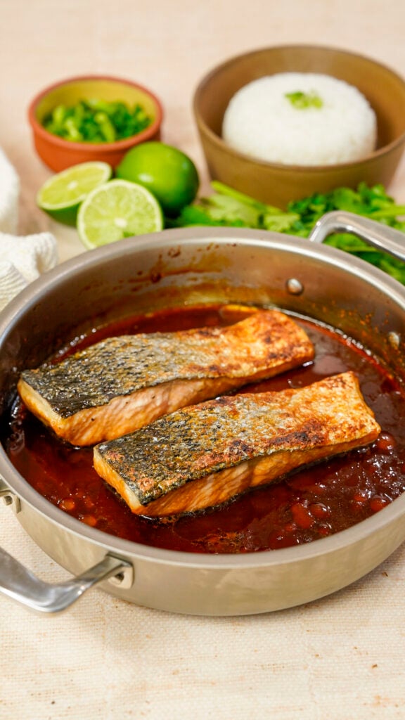 Vietnamese caramelized salmon recipe in a skillet.