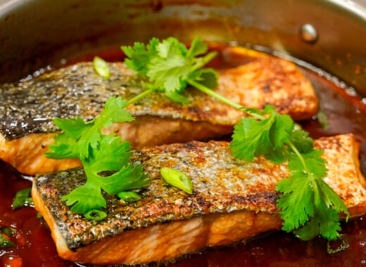 Vietnamese caramelized salmon recipe in a skillet.