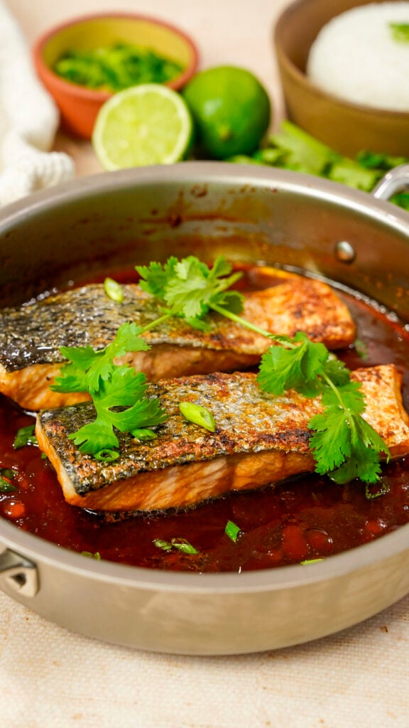 Vietnamese caramelized salmon recipe in a skillet.