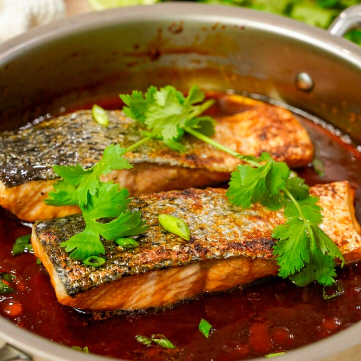 Vietnamese caramelized salmon recipe in a skillet.