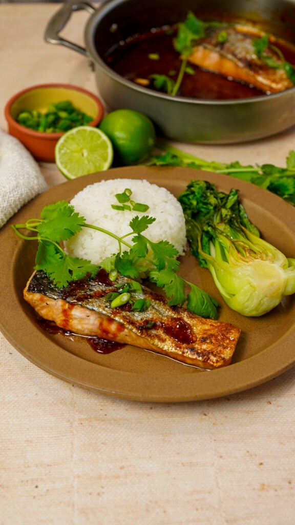 Vietnamese caramelized salmon recipe on a plate with rice and bok choy.