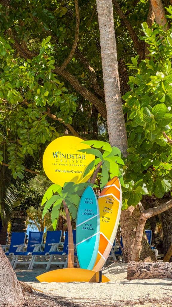 A sign announcing the private motu stop on the Windstar Tahiti French Polynesia cruise.