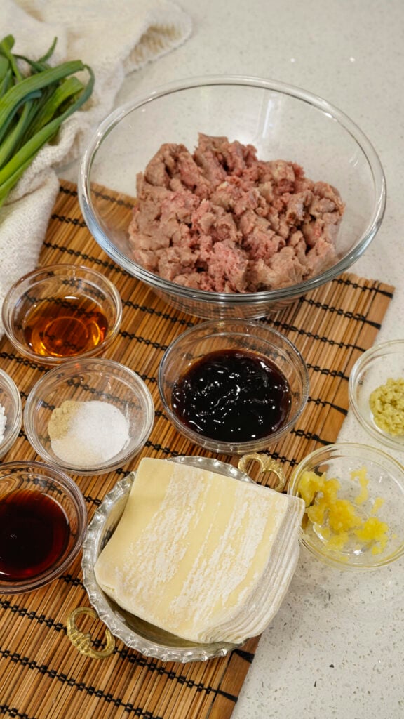 Ingredients for a Ground Beef Viral No Fold Blanket Dumpling Recipe.