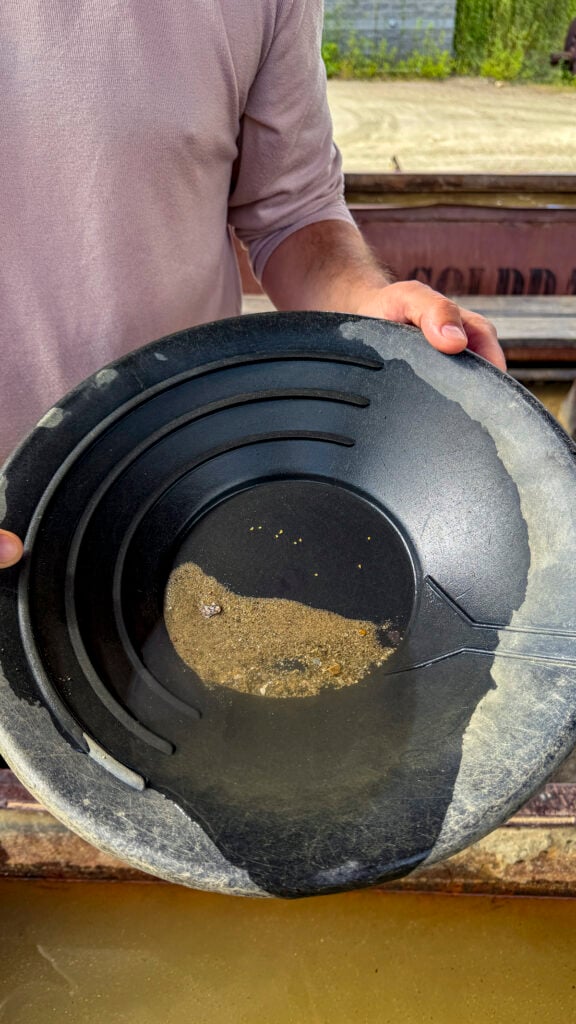 Gold in a pan after panning for gold at Gold Daughters, one of the best things to do in Fairbanks Alaska in the summer.
