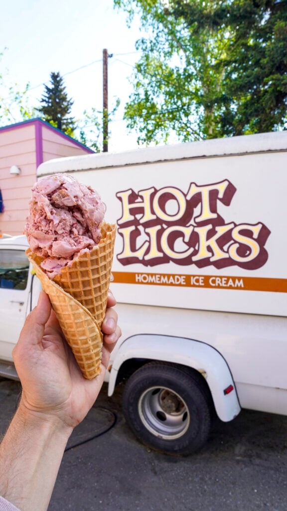 Ice cream cone at Hot Licks Ice Cream, one of the best restaurants in Fairbanks Alaska.