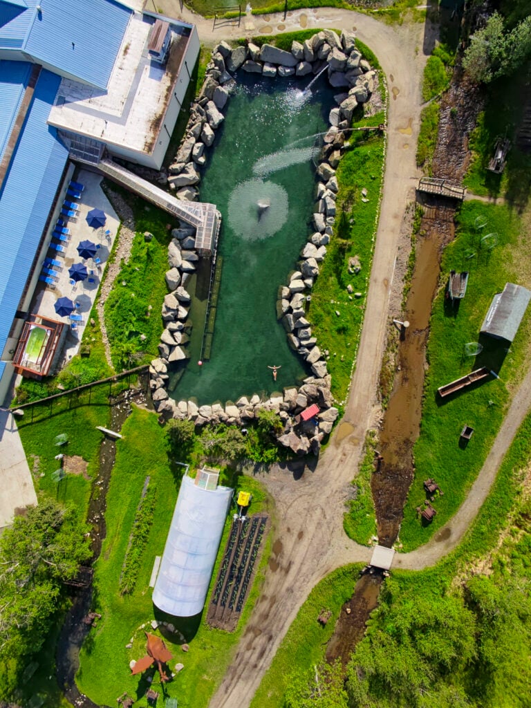 Overhead photo of the Chena Hot Springs in Fairbanks Alaska in summer.