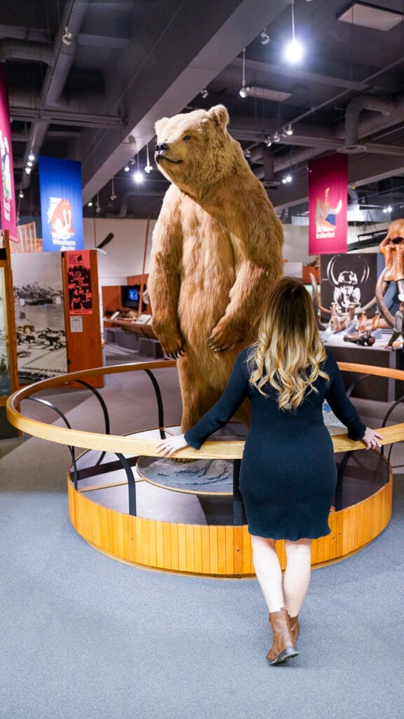 Woman with a bear at the Museum of the North, one of the best things to do in Fairbanks Alaska in the summer.