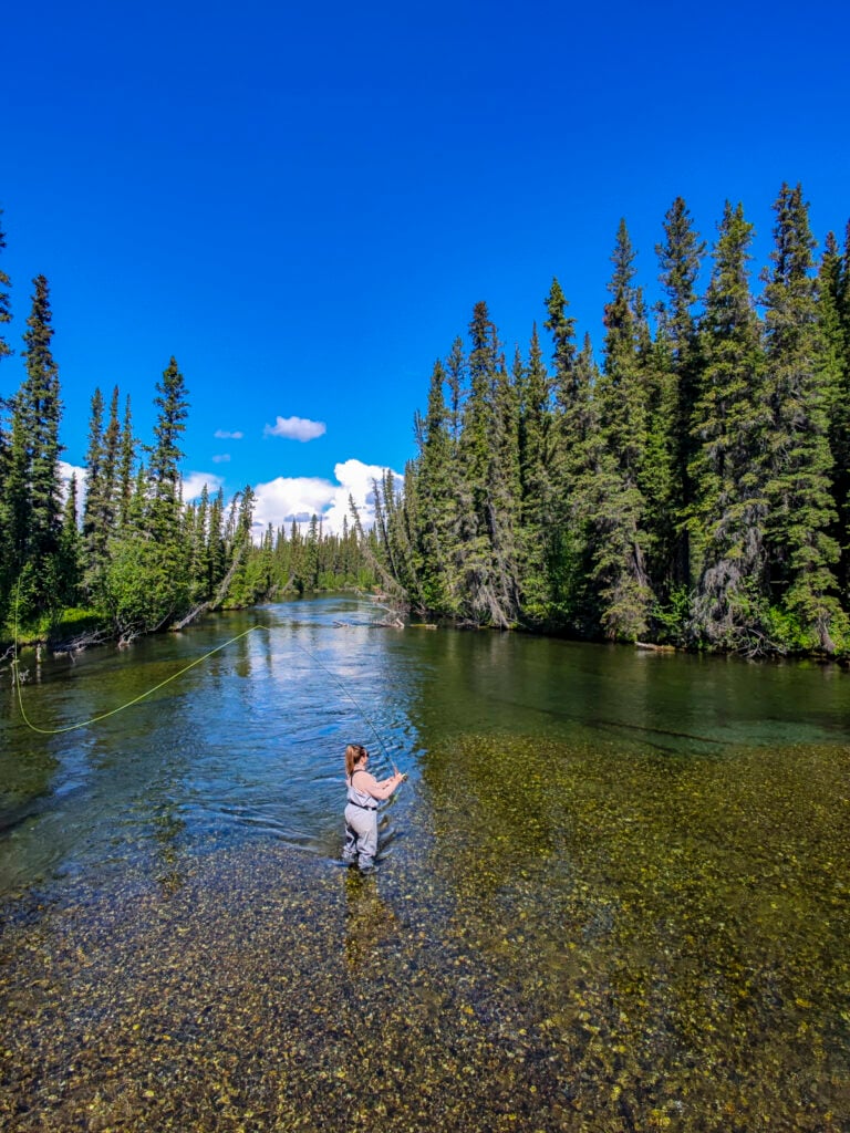 Fly fishing in the Clearwater River, one of the best things to do in Fairbanks Alaska.
