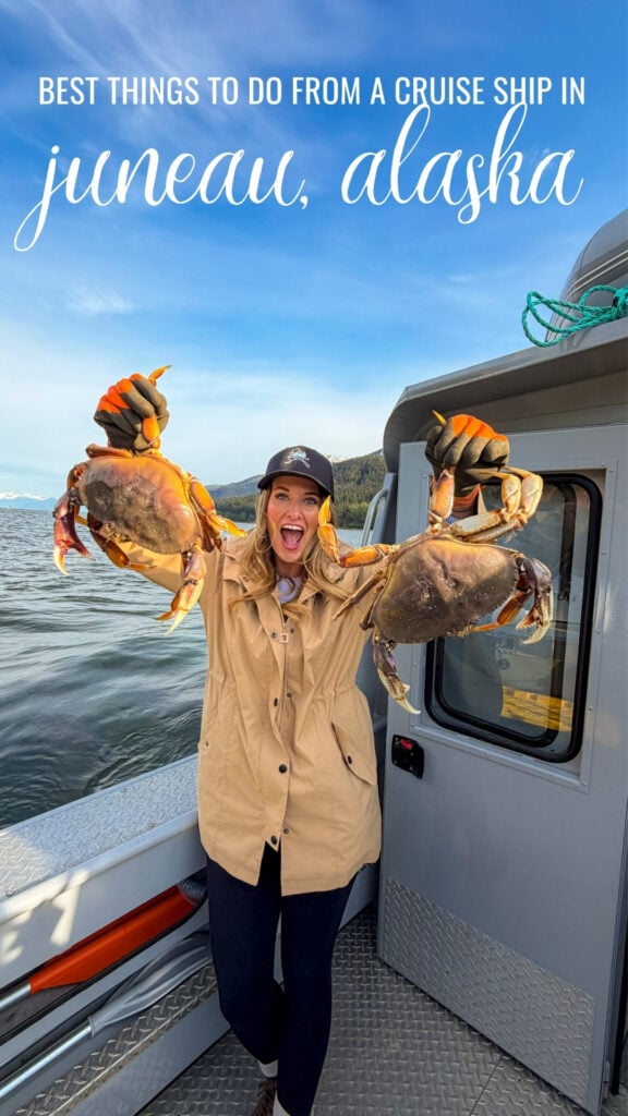 Woman holding crabs from the Into Alaska crabbing tour in Juneau, Alaska.